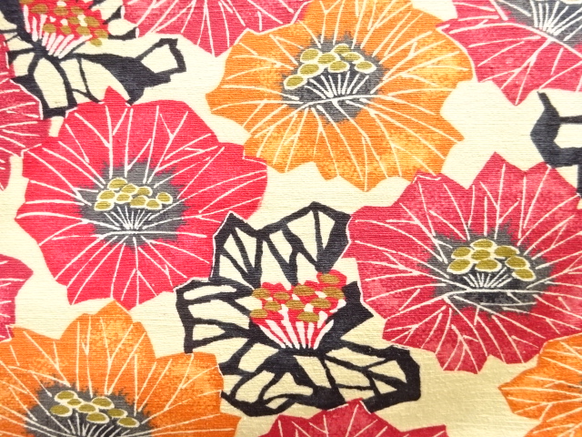 JAPANESE KIMONO / ANTIQUE KIMONO / SILK / JODAI TSUMUGI / KATAZOME / FLOWERS